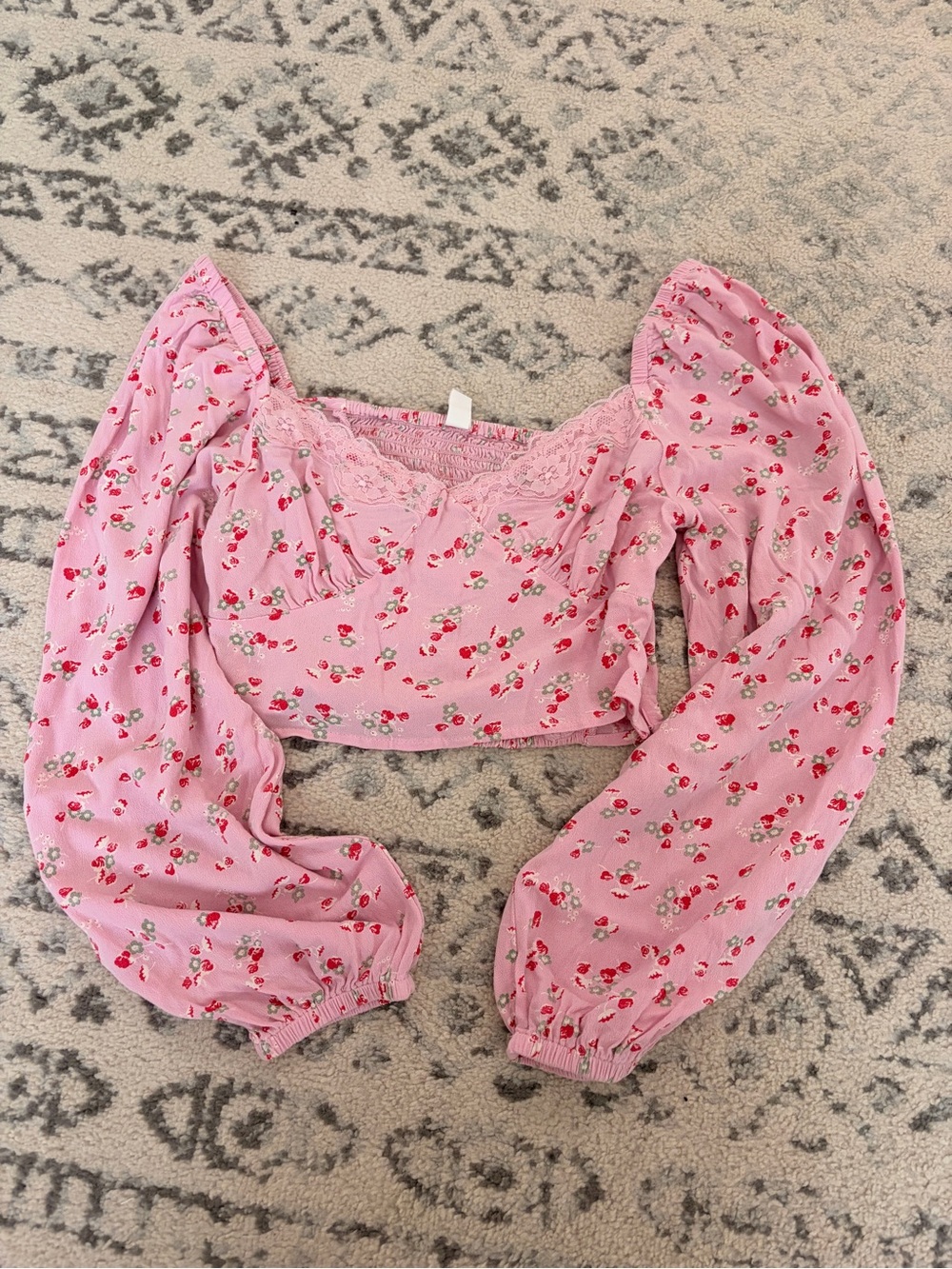 bp Pink Floral Puff Sleeve Lace-Trim Crop Top